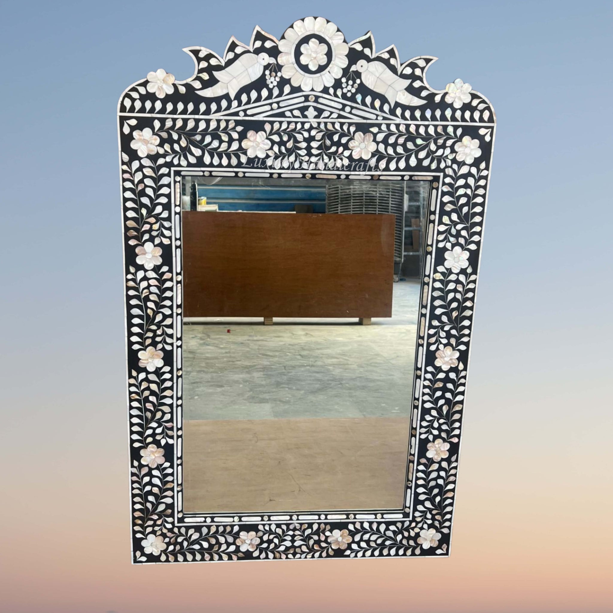 Mother of Pearl Inlay Parrot Mirror Black