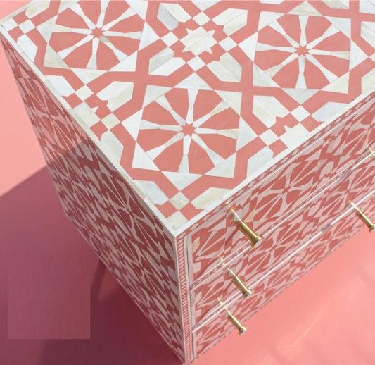 Bone Inlay Moroccan 9 Drawer Chest Orange
