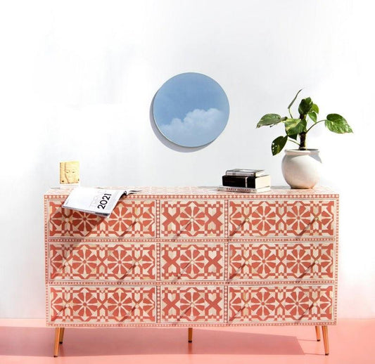 Bone Inlay Moroccan 9 Drawer Chest Orange