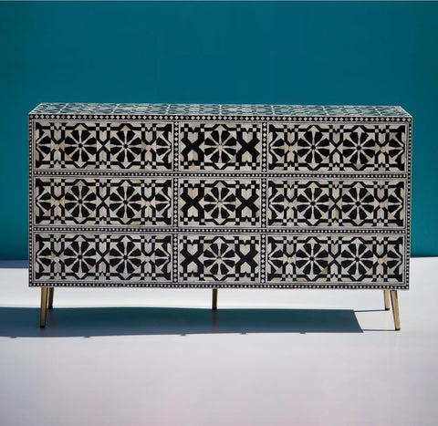 Bone Inlay Moroccan 9 Drawer Chest Black