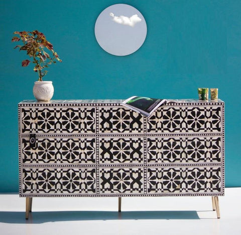 Bone Inlay Moroccan 9 Drawer Chest Black