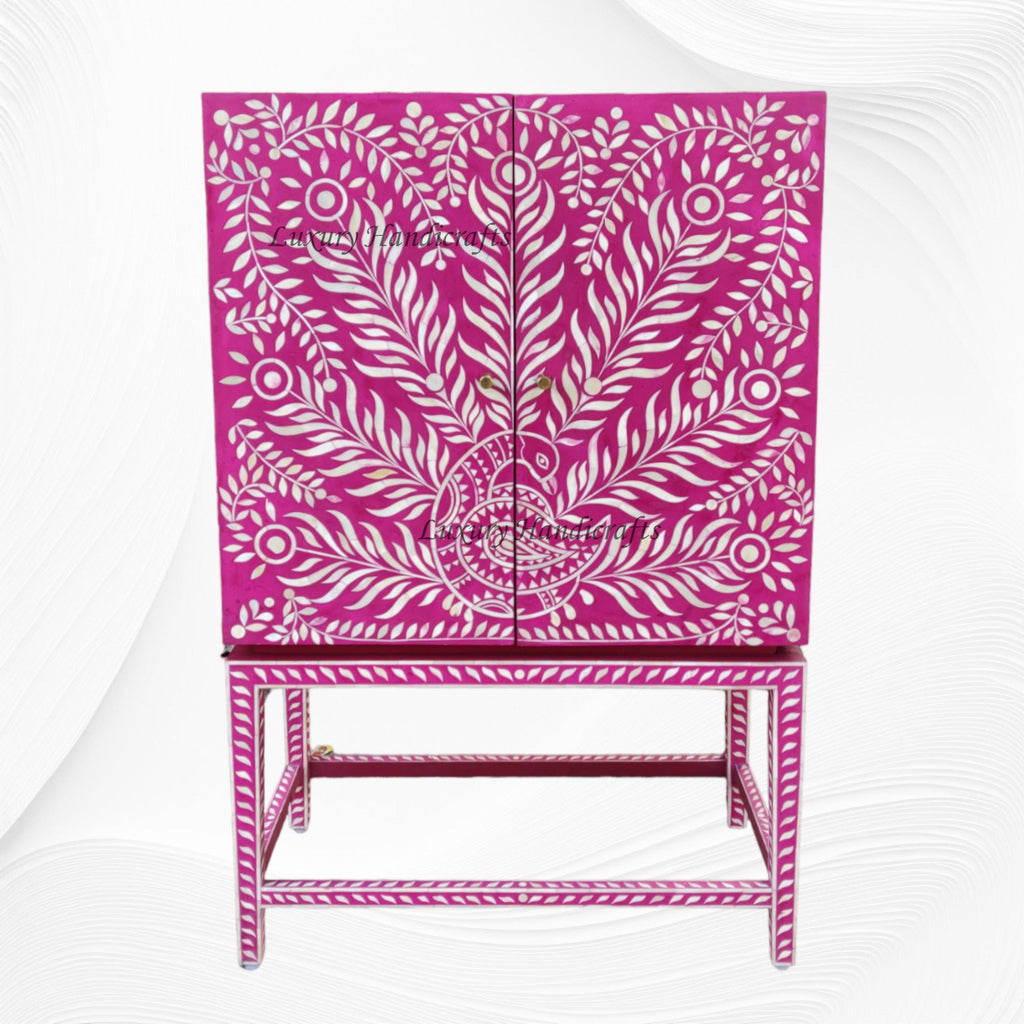 Peacock Design Bone Inlay Bar Cabinet Pink – Luxury Handicrafts