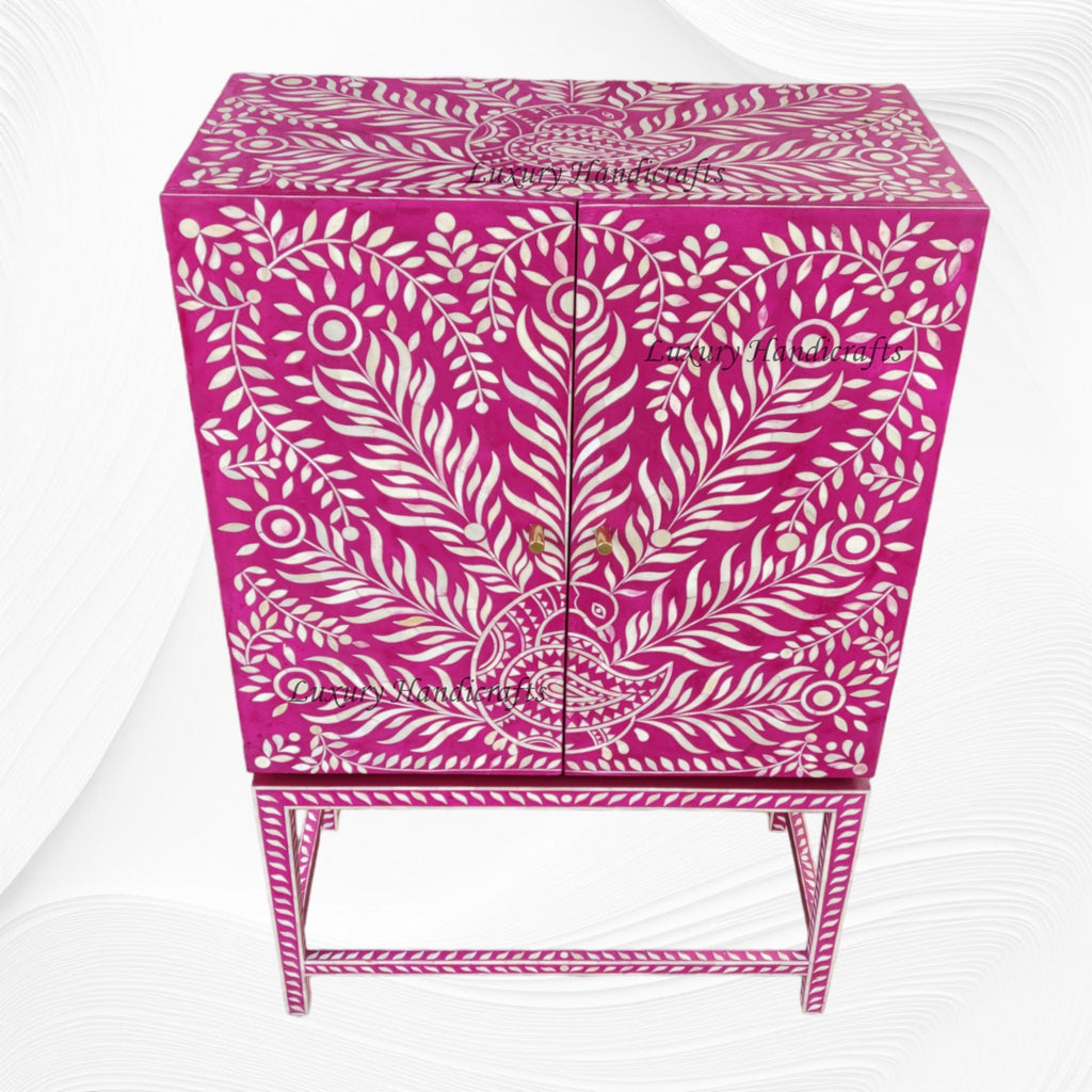 Peacock Design Bone Inlay Bar Cabinet Pink – Luxury Handicrafts