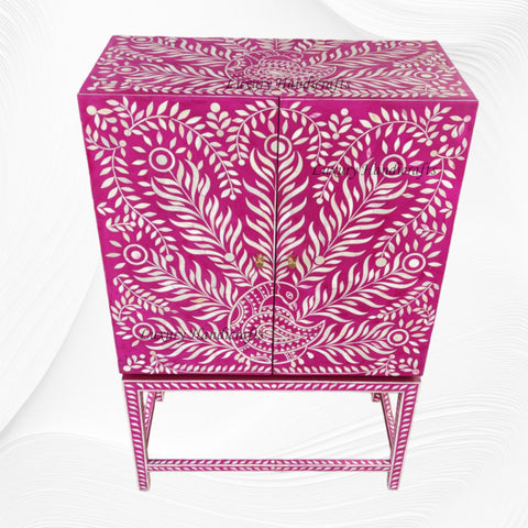 Peacock Design Bone Inlay Bar Cabinet Pink
