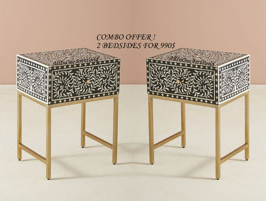 COMBO Bone Inlay Floral Bedside Table Black
