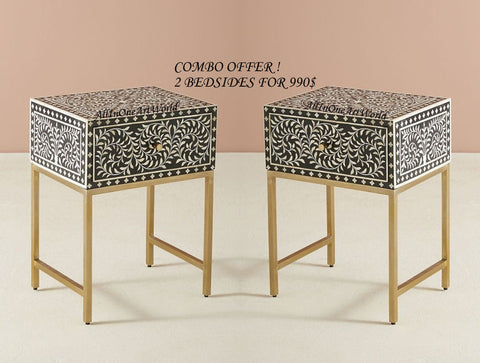 COMBO Bone Inlay Floral Bedside Table Black