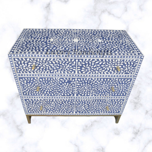 Scroll Vine Bone Inlay Chest of 3 Drawers Indigo