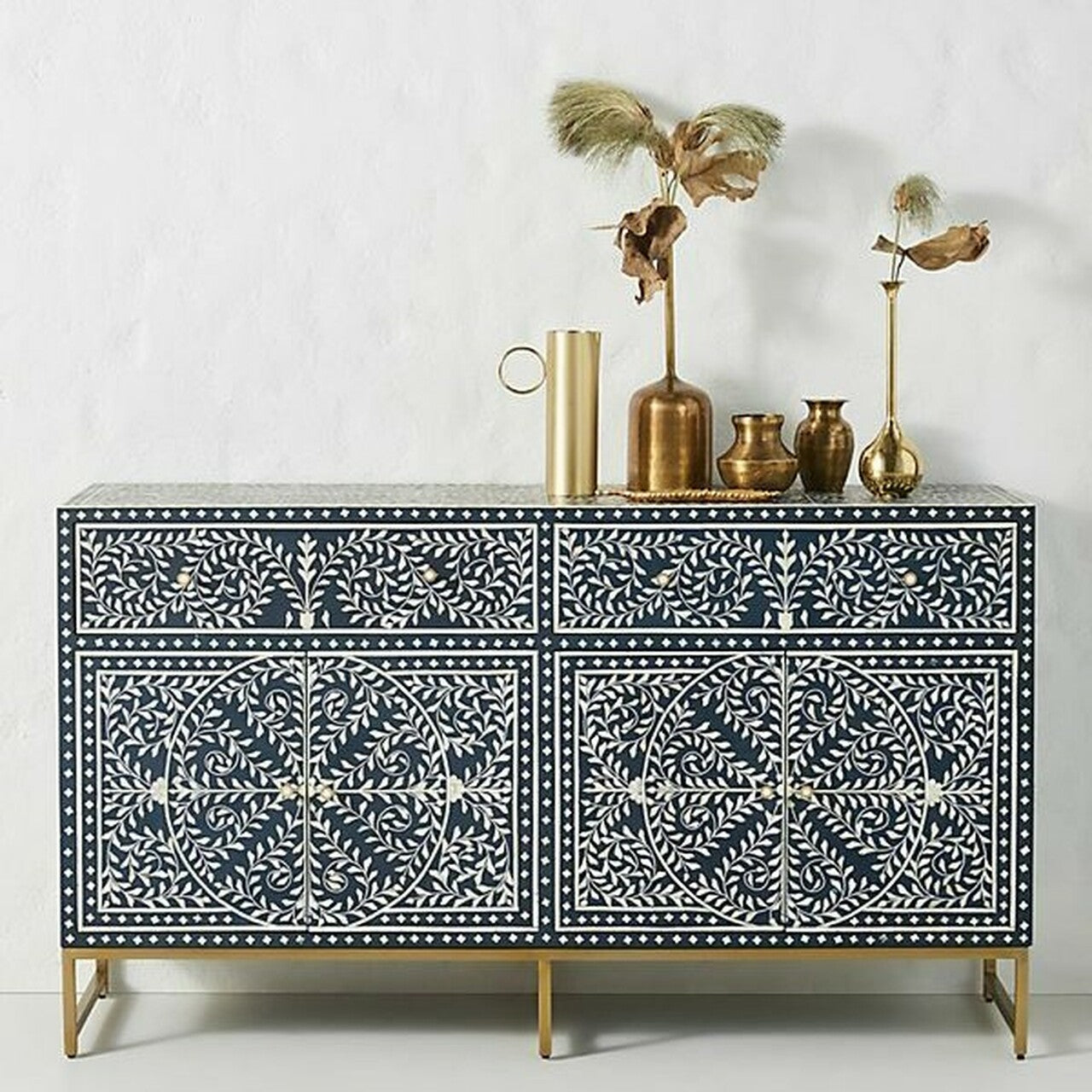 Bone Inlay Scroll Vine Buffet Indigo Blue