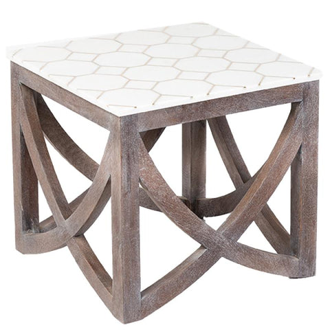 White Marble And Honeycomb Brass Inlay Side Table
