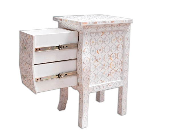 White Mother Of Pearl Inlay Curved 2 Drawer Bedside Quote Design